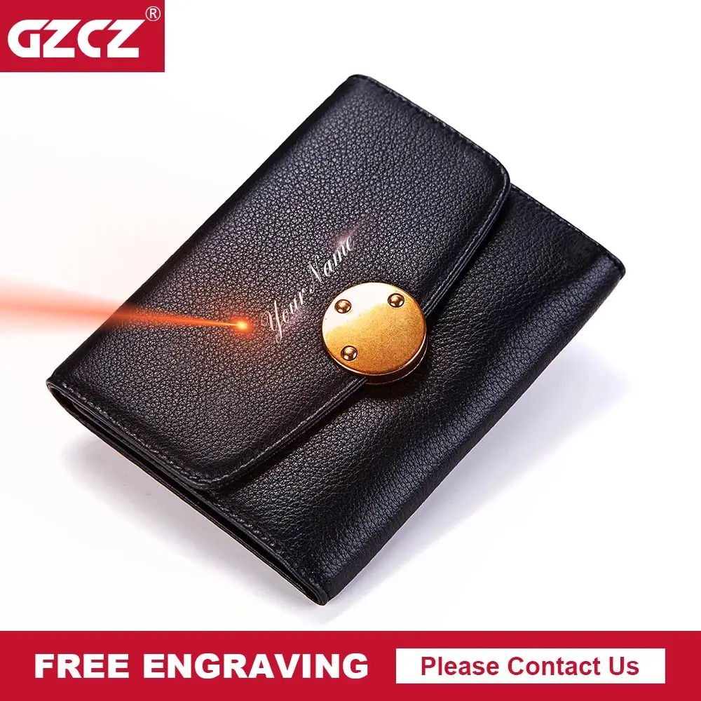 

GZCZ Engraving Name Genuine Leather Wallet Female Small Bifold Coin Purse Clamp For Money Women Purses Portomonee Dropshopping
