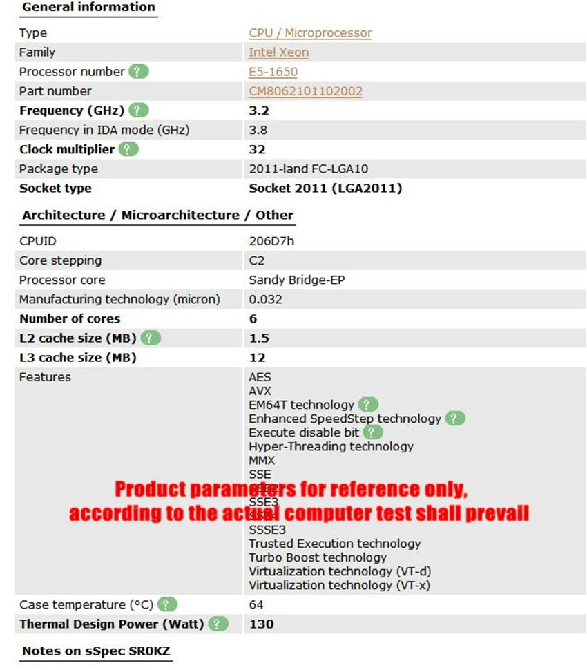 Процессор Intel Xeon E5 1650 3,2 ГГц 6 ядер 12 МБ кэш Sockel 2011 процессор Prozessor SR0KZ e5-1650