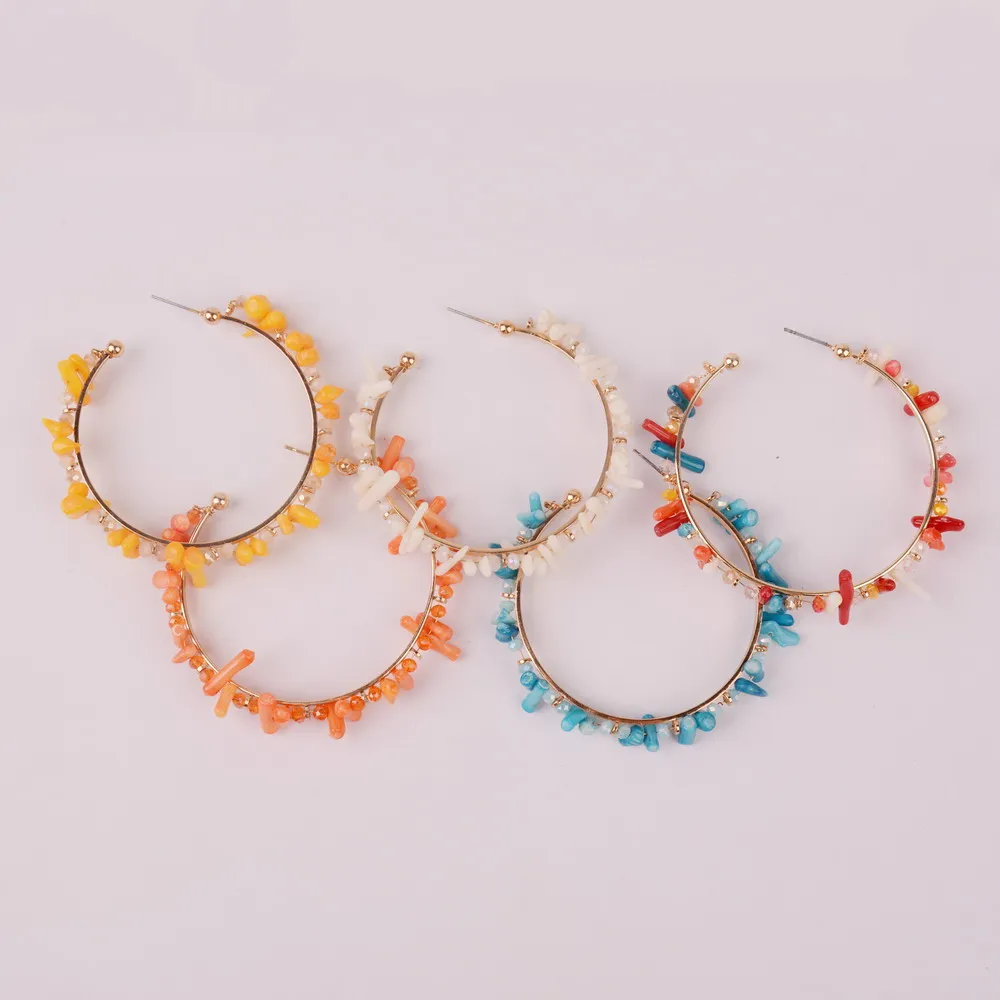 

Multicolor Gravel Beads Hoop Earrings for Womrn Girl 2019 New Summer Beach Bohemian Natural Irregular Corallite Earrings Jewelry
