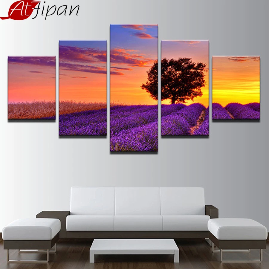 

Canvas Prints Paintings Living Room Wall Art Framework 5 Pieces Purple Lavender Field Tree Sunset Landscape Pictures Home Decor
