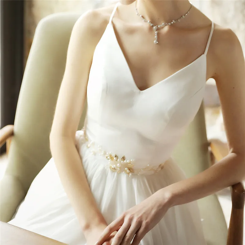 

Handmade Gold Leaf Bridal Dress Sash Pearls Wedding Jewelry Accessories Women Wait Belt