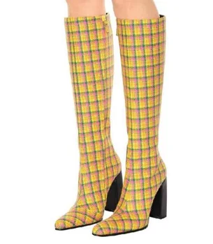 

Drop Shipping 2019 Spring New Brand Woman Black White Grid Square Toe Rough Heels Knee High Zip High Heel Long Boots Lady