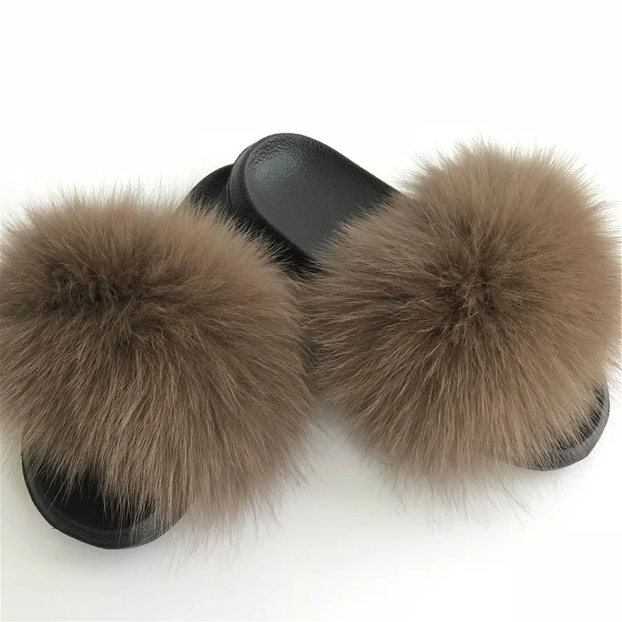 

Magicfur - 100% Real Fox Fur Coffee Slipper Sandal Slades Outdoor Indoor Flat Slides Shoes Fox Fur Accessories