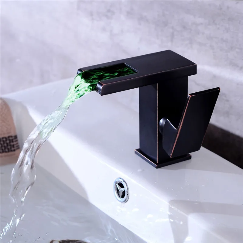 

LED Faucet hot and cold Square Black Oil Basin Faucet Brass Waterfall Crane Sink Faucet Single Handle water tap New Arrivals