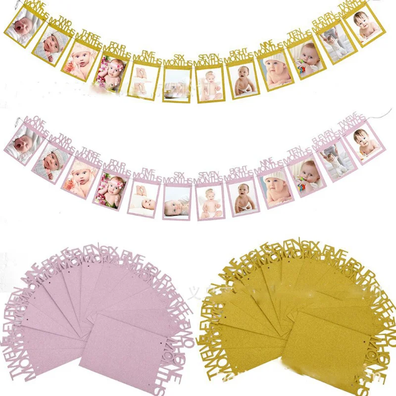 

1 Set Cute DIY Monthly Paper One Year Old Baby Photo Booth Birthday Banner String Flag Photo Frame Photos Album Party Decor