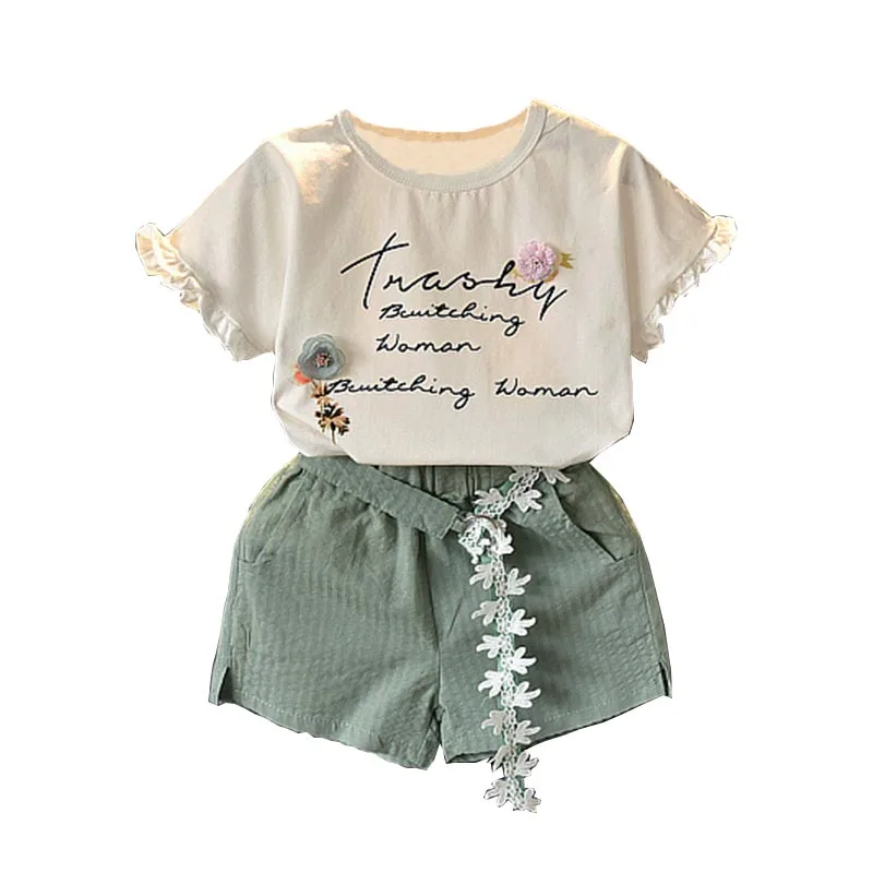 

Children Girls Summer Set Baby Short Sleeve Letter Print T-shirt Blouse+Shorts with Belt Suits Casual Candy Color Sets 2-7Y