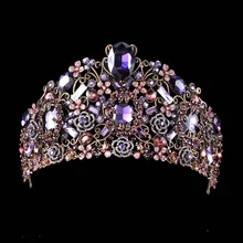 Hecho a mano de Lujo Negro Barroco Púrpura Nupcial Crystal Crown Tiara Tocados Accesorios Para el Cabello de Noche