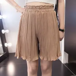 Лето 2019 г. Корейский Свободная Повседневная Женская шифон Короткие штаны для женщин плиссированные шорты для высокая талия широкие брюки