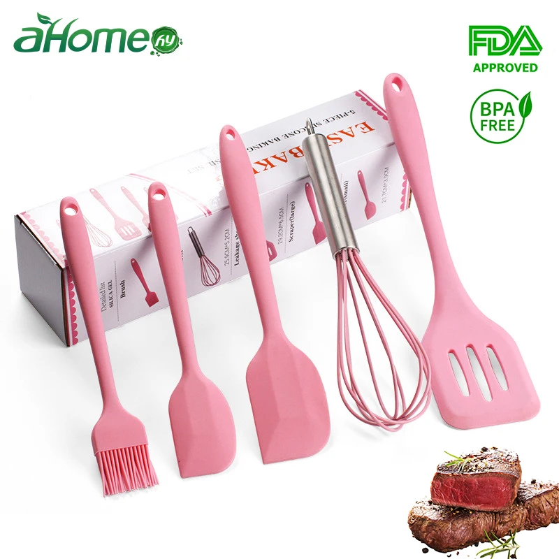 

5PICS Cookware Set Pink Silicone Backing Tools Sets Egg Beater Spatula Oil Brush kitchenware kitchen Gadgets Cooking Tools