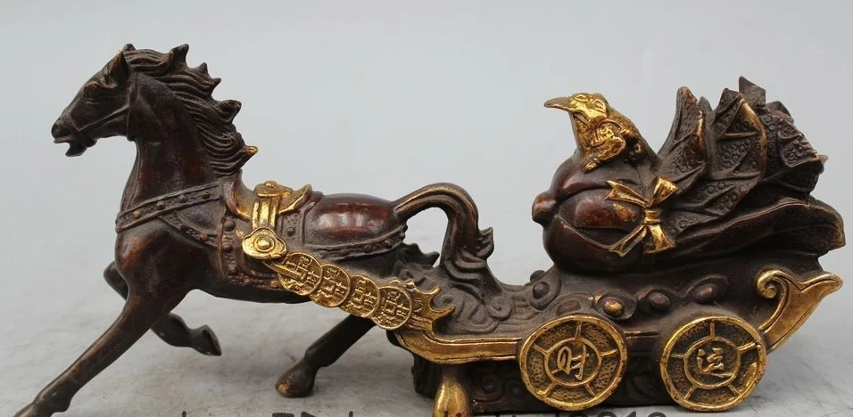 

12" China Bronze Gild Buddhism FengShui Coin RuYi Cai Horse-drawn Carriage