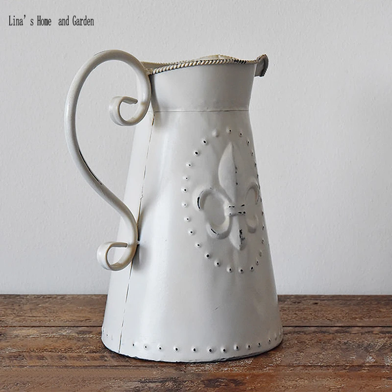 handmade white retro vintage metal watering can flower vase (3)