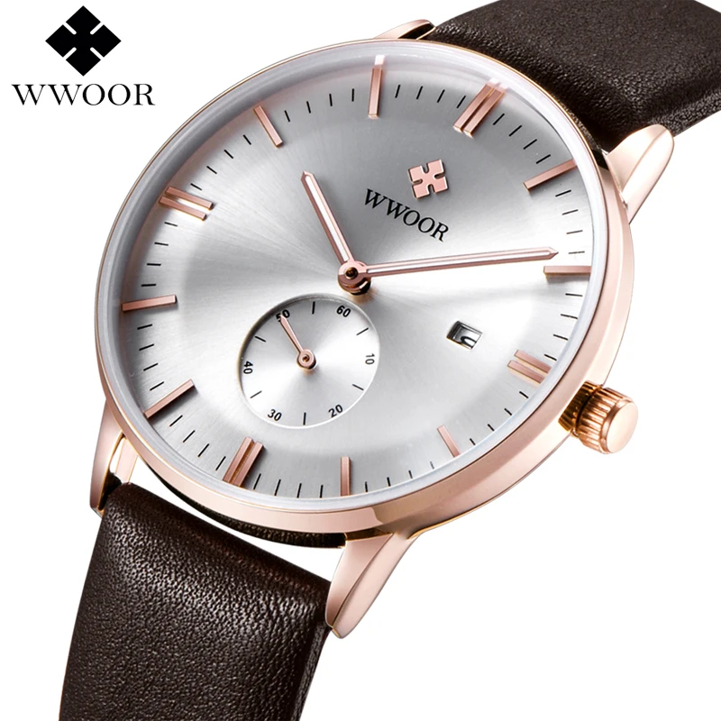 

WWOOR Luxury Brand Ultra thin Date Genuine Leather Men Quartz Watch Casual Analog Hour Date Clock Relogio Masculino