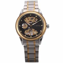 Winner Vintage Automatic Self Winding Golden Case Steampunk Gear Skeleton Steel Band montre Mechanical Mens Wrist Watch /PMW481
