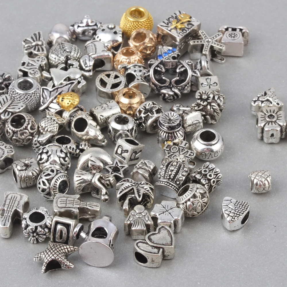 Random Mixed Vintage European Charm Beads Fit pandora Snake chain Bracelets Bangles 50pcs/ lots | Украшения и аксессуары