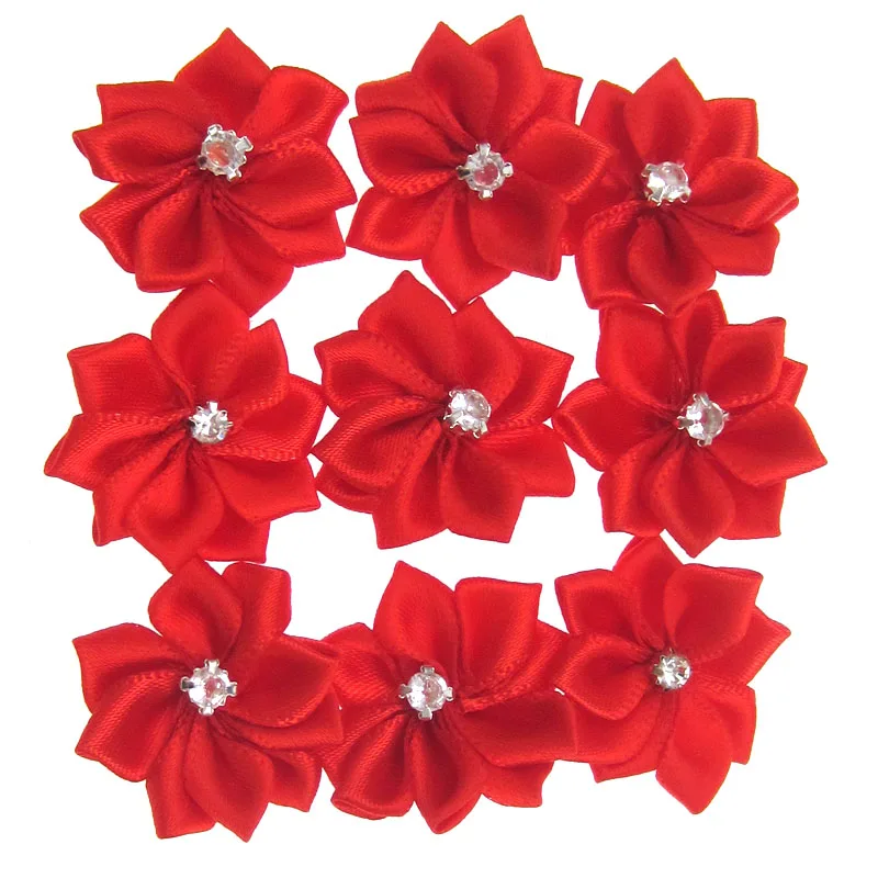 40 шт. красный Малый Атлас Цветы из ткани со стразами с цветочной аппликацией Швейные украшения свадебная одежда 2.8 см