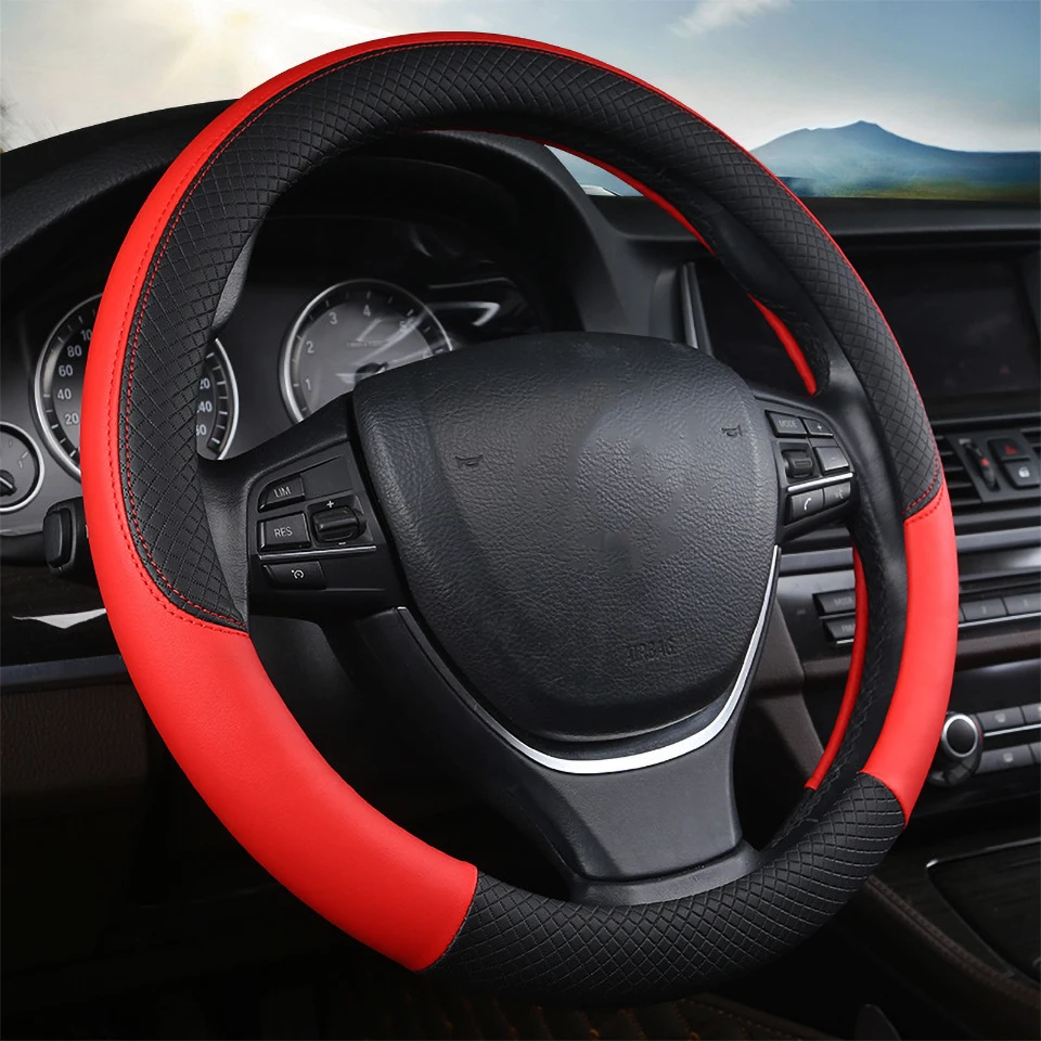 

Car Steering Wheel Cover Leather Braid Automobile Braiding Covers On The Steering Wheel for Car Interior Accessories 15 inch