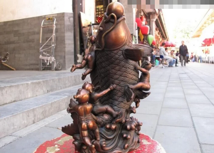

Collectible bronze S2832 Chinese Bronze Copper Feng Shui Auspicious Boys child Play cyprinoid Fish Statue (B0413)