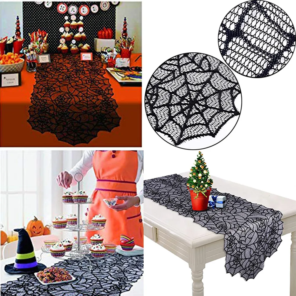 

Fashion Table Runners Halloween Polyester Lace Dinner Parties Table Runner Black Spider Web Decor Kitchen Home Party Supplie