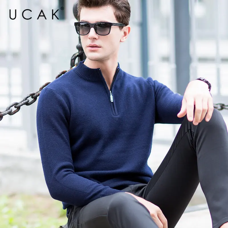 ^*Best Offers UCAK Brand Sweater Men Autumn Winter Thick Warm Zipper Turtleneck Pull Homme Merino Woolen Pullover Men Cashmere Sweaters U3017