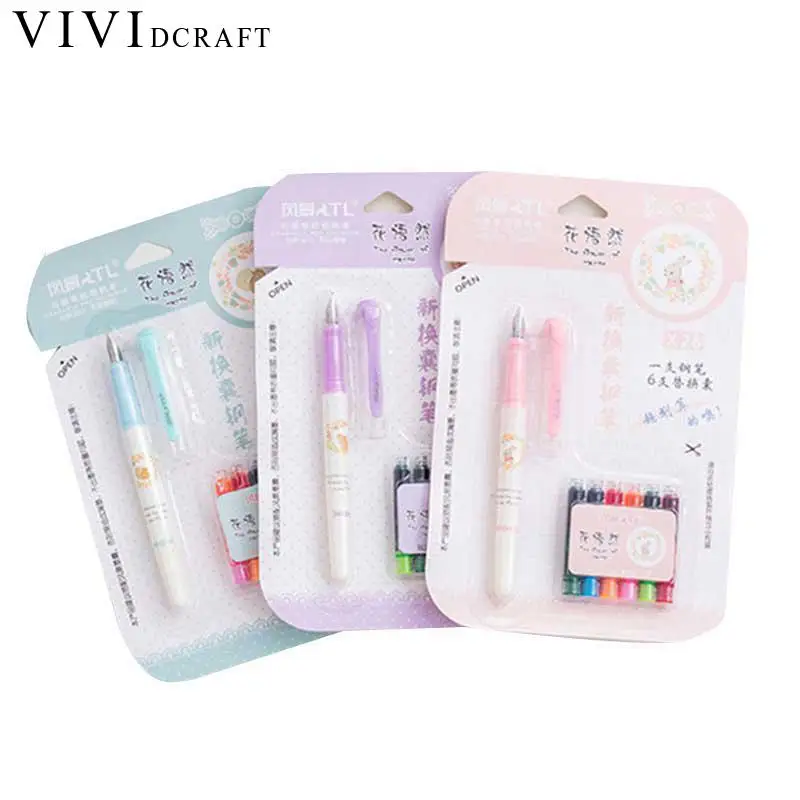 

1 Pen+6 Colors Ink Bags for Kids Stylo Plume School Supplies Calligraphy Pen Kids Gift Vividcraft Erasable Fountain Pen Ink Set
