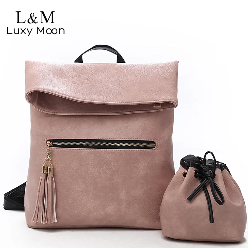 

2 PCS/SET Vintage Backpack Women PU Leather Backpacks with Shoulder Bag School Bags for Teenagers Black Female mochila XA622H