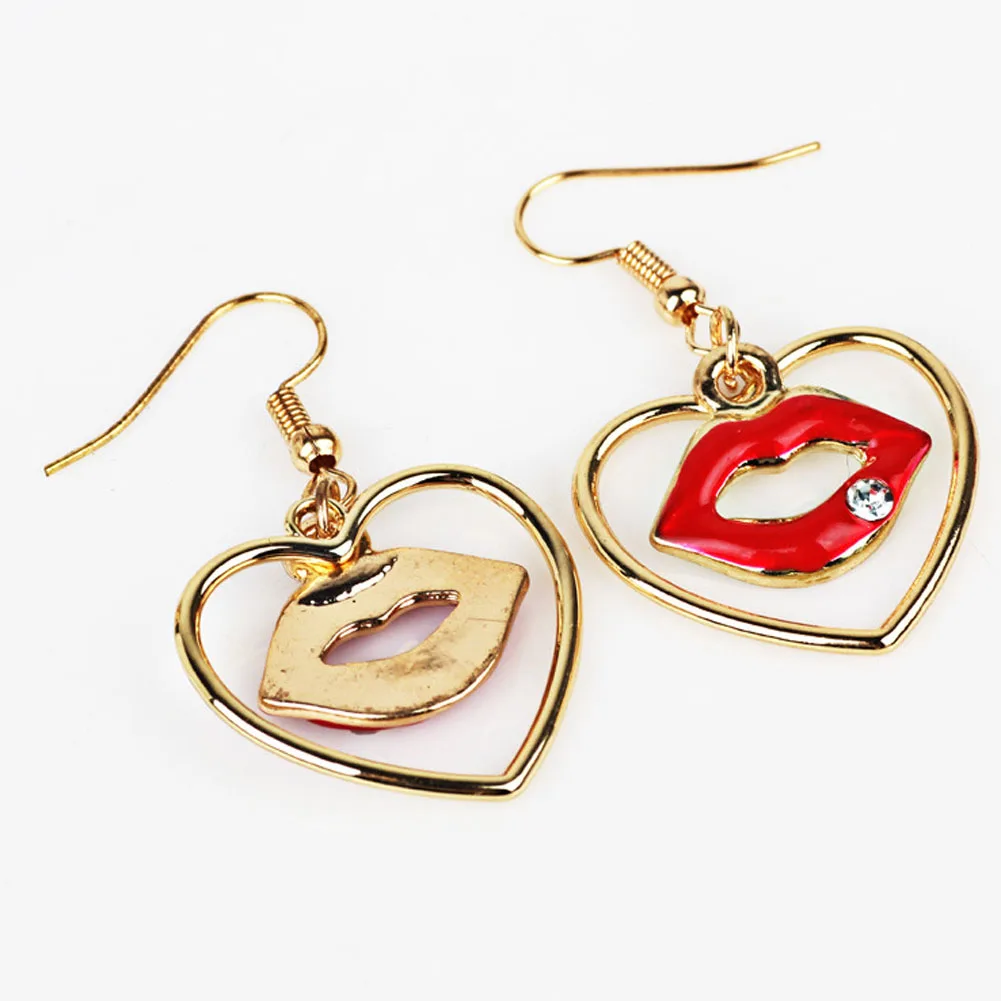 Elegant Red Lip Dangle Earrings Sweet Gold Color Heart Crystal Mosaic