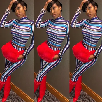 

Express Women's Wear Amazon Blast eBay Autumn Long Sleeved Collar Color Striped Print Thin Sexy Set