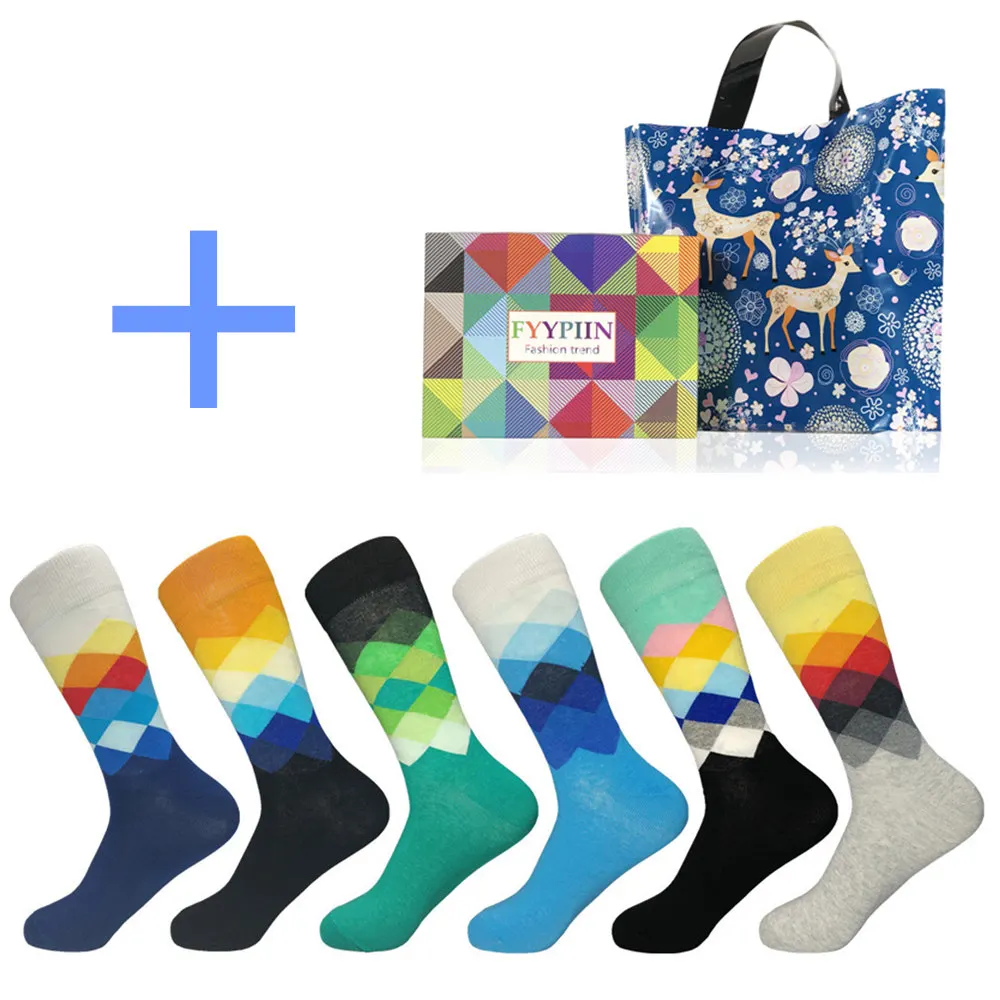 Мужские носки, новая распродажа, 6 пара/лот, Подарочная коробка, крутые Мужские Носки с рисунком счастливых бриллиантов, чёсаный хлопок, новинка, подарочные носки для мужчин - Цвет: Многоцветный