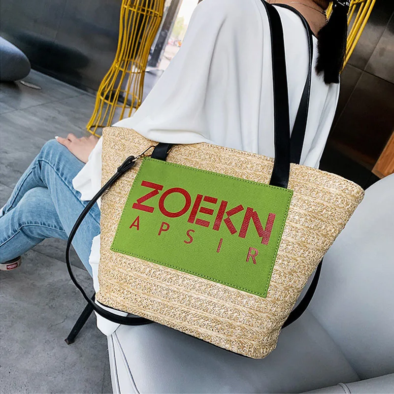 

Casual Letter Print Rattan Women Shoulder Bags Wicker Woven Shoulder Crossbody Bags Summer Beach Straw Bag Large Capacity Purse