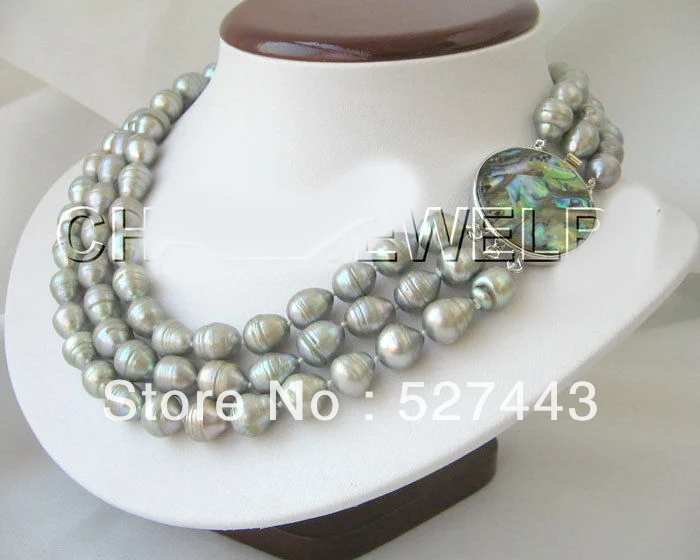 

Wholesale free shipping >>Beautiful 3row 13mm gray baroque FW pearl necklace-abalone shell clasp