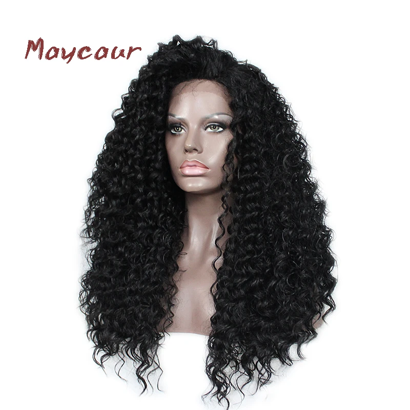 Maycaur волосы курчавые Lace парики Черный Цвет плотность 180 длинные бесклеевой волос химическое Синтетические волосы на кружеве парики для