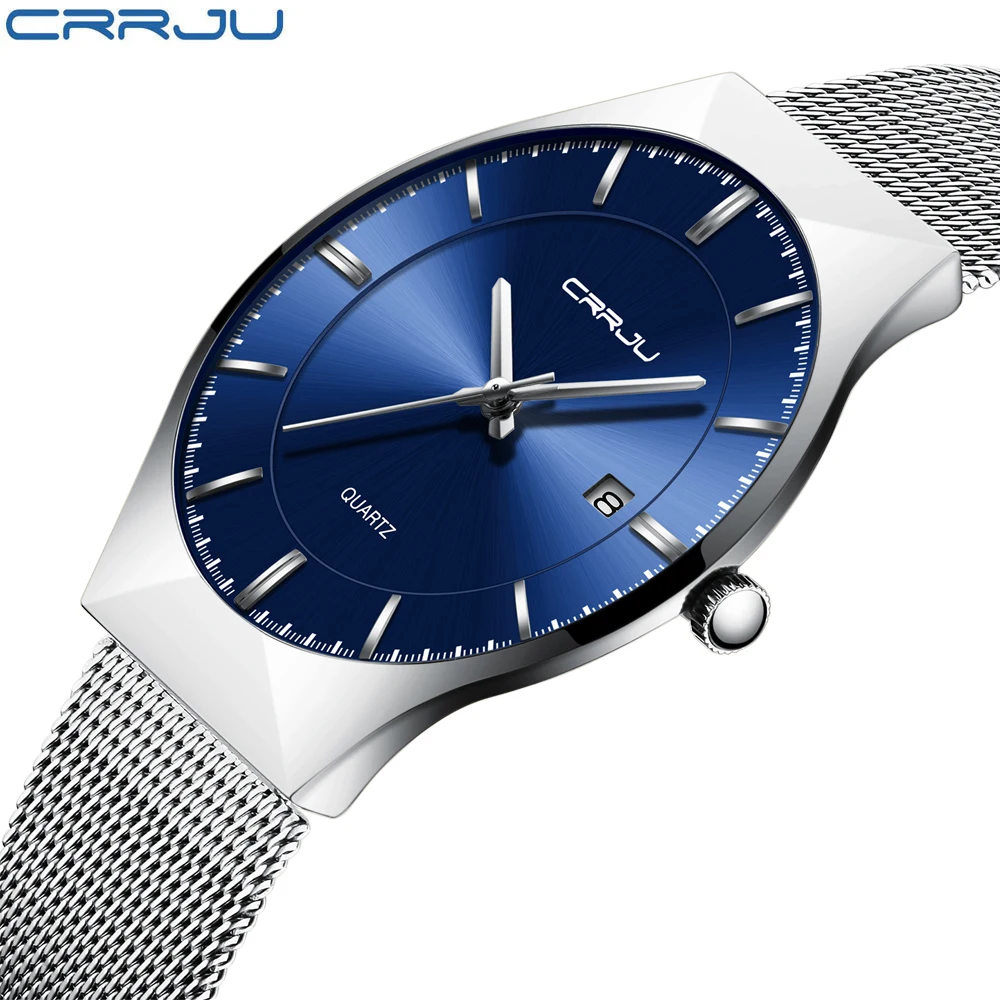 

CRRJU Fashion Simple Stylish Luxury brand Watches Men Stainless Steel Mesh Strap Thin Dial Clock Man Casual Quartz-watch blue