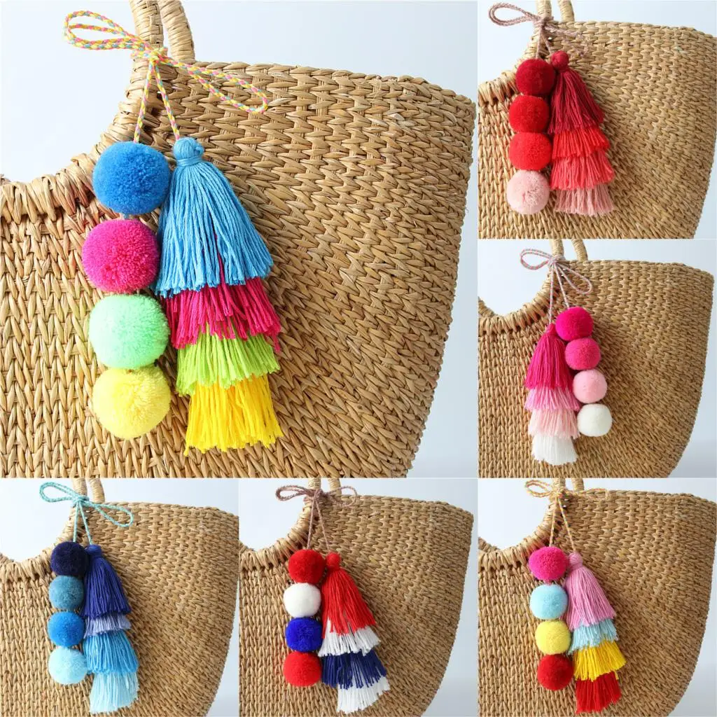 Best 1 Pc Handmade Pom Pom Colorful 4 Layered Tassel Keychain Bag charms Gradient Colors Key Holder Boho Jewelry Gift for women