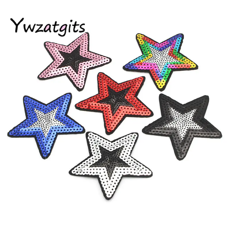 ywzatgits 6pcs 7.5cm Star Sequins Patches Iron On for Appliqued Clothes