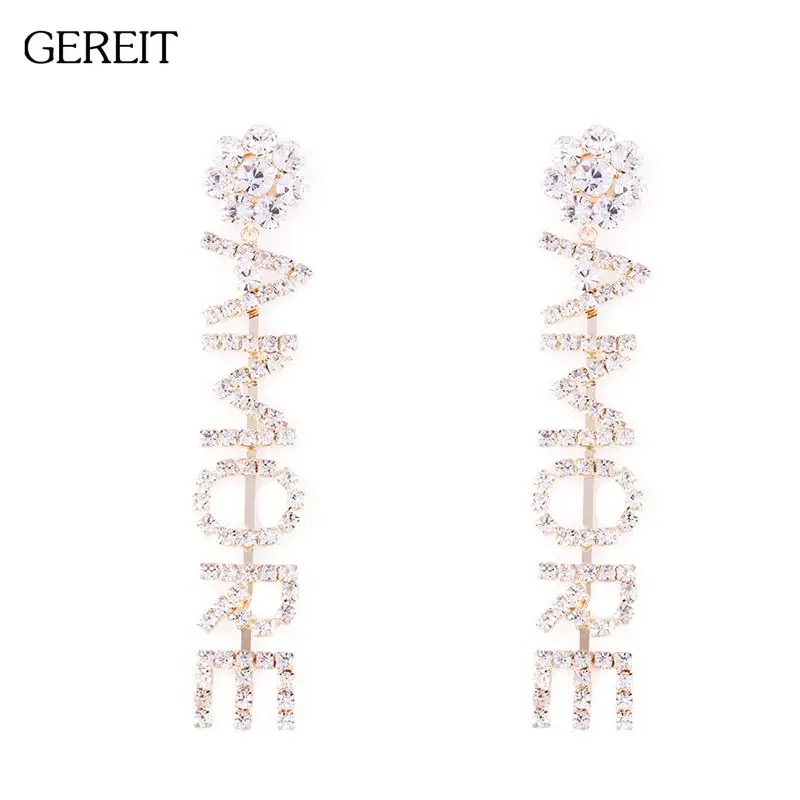 

Statement Gold Silver Letter AMORE Long Drop Earrings For Women Luxury Full Crystal Rhinestone Earrings Party Fashion Jewelry
