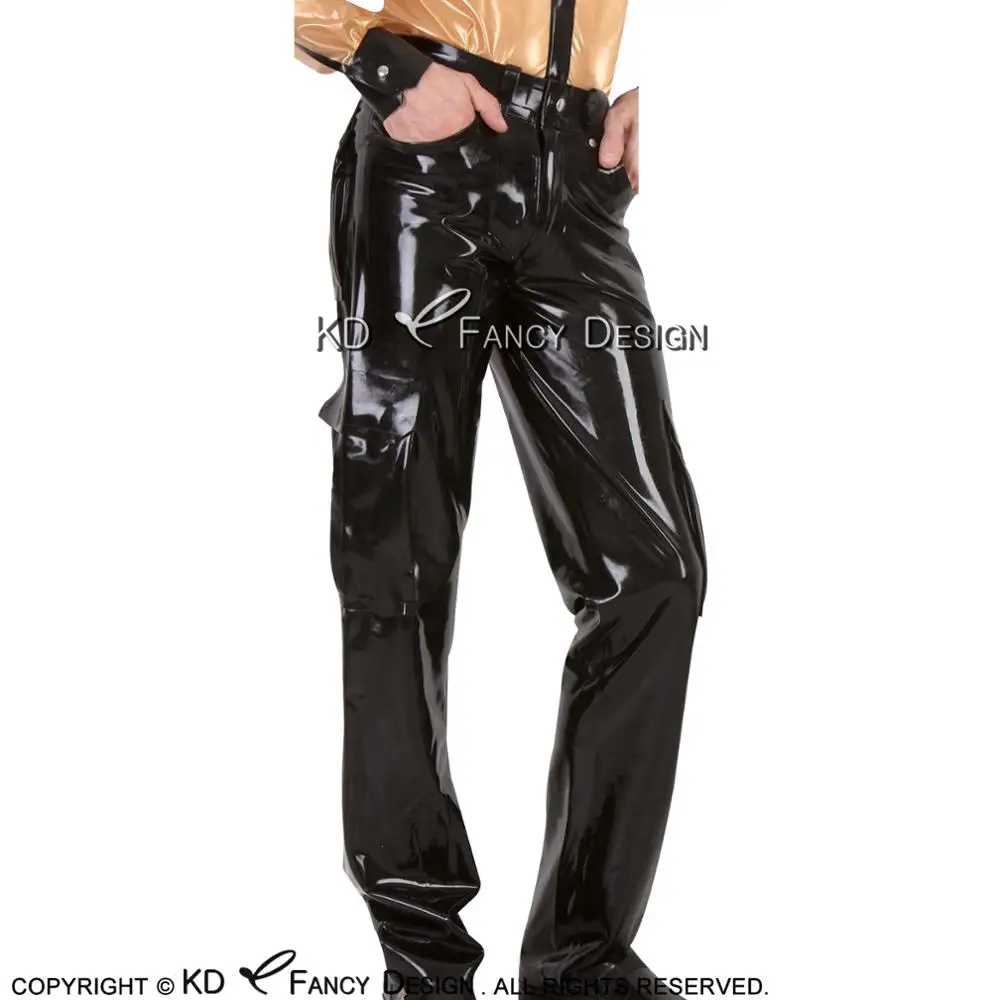 

Black Sexy Latex Cargo Pants with Zippers And Pockets Rubber Trousers Bottoms CK-0072