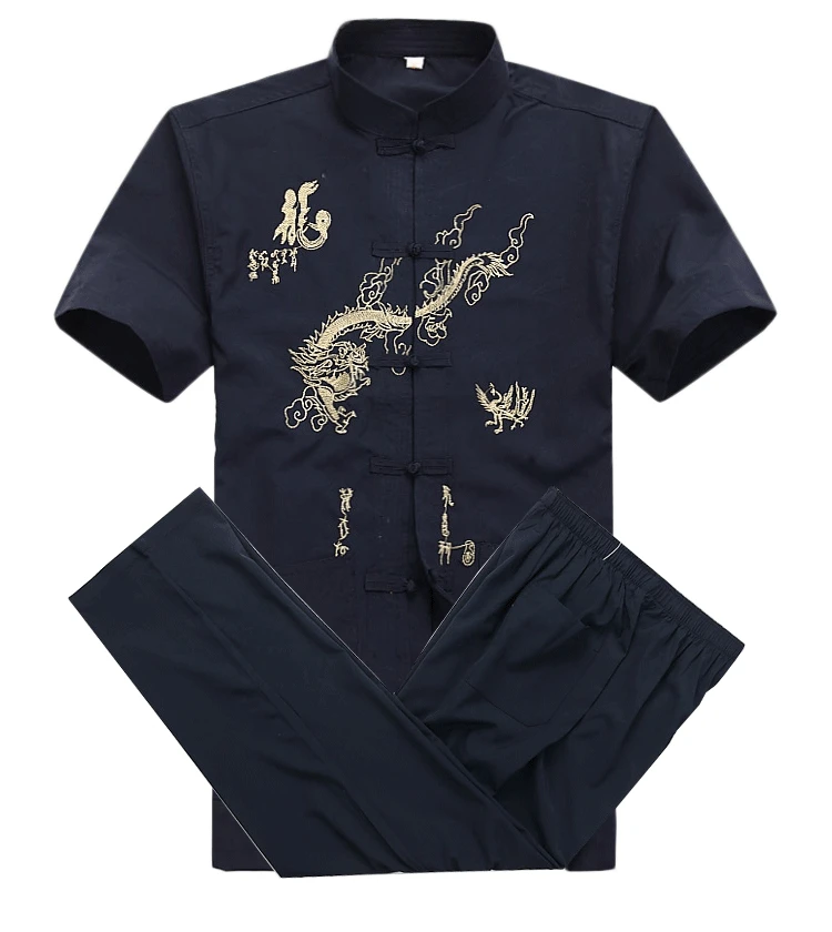 thumbnail image 2 of Traje de Kung Fu de algodón chino para hombre, uniforme de Wu Shu bordado, ropa de Tai Chi, camisa de manga corta + pantalón, tallas M, XL, XXL, XXXL, MS013, 2 of 5