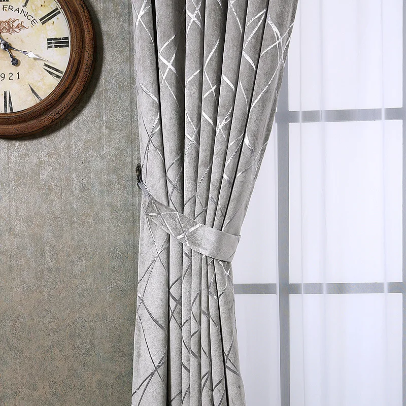 Cortinas grises de chenilla modernas para sala de estar cortinas geométricas de tela de lujo para el tratamiento de la ventana de las tiendas de líneas plateadas del dormitorio Cortinas grises de chenilla modernas para sala de estar cortinas geométricas de tela de lujo para el tratamiento de la ventana de las tiendas de líneas plateadas del dormitorio