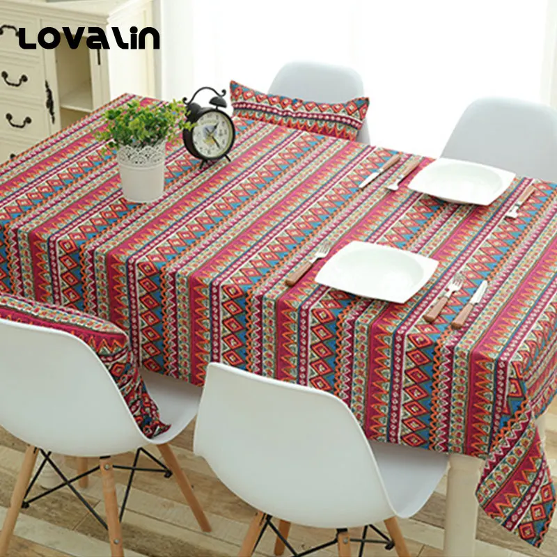 

Lovalin Decorative Table Cover Cotton Linen Ethnic Style Tablecloth Round Rectangle Party Banquet Dustproof Oilproof Table Cloth