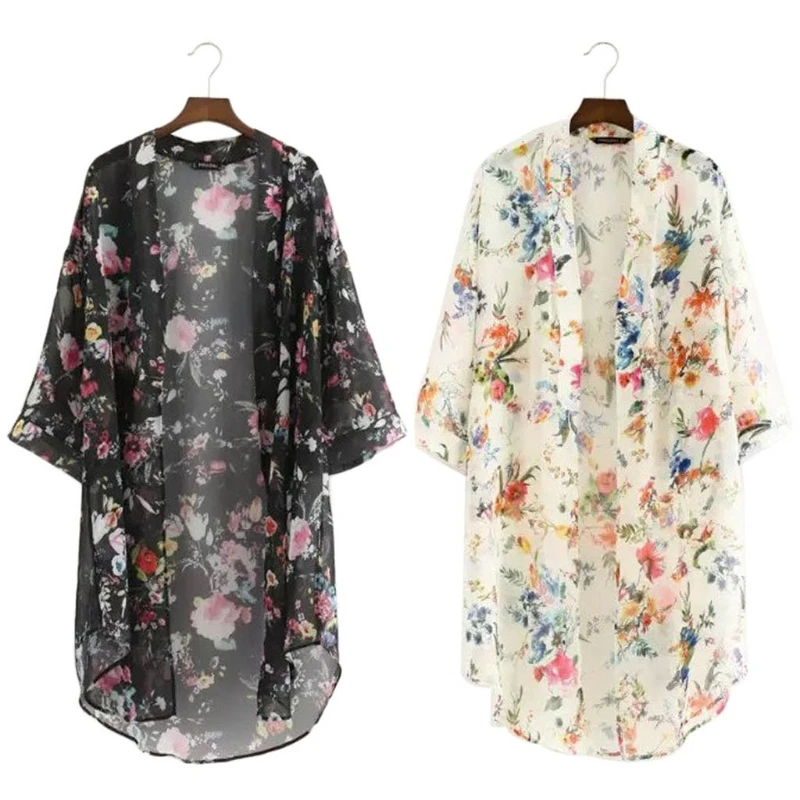 Boho Vintage Women Floral Loose Shawl Kimono Cardigan Chiffon Coat Cover Up Tops