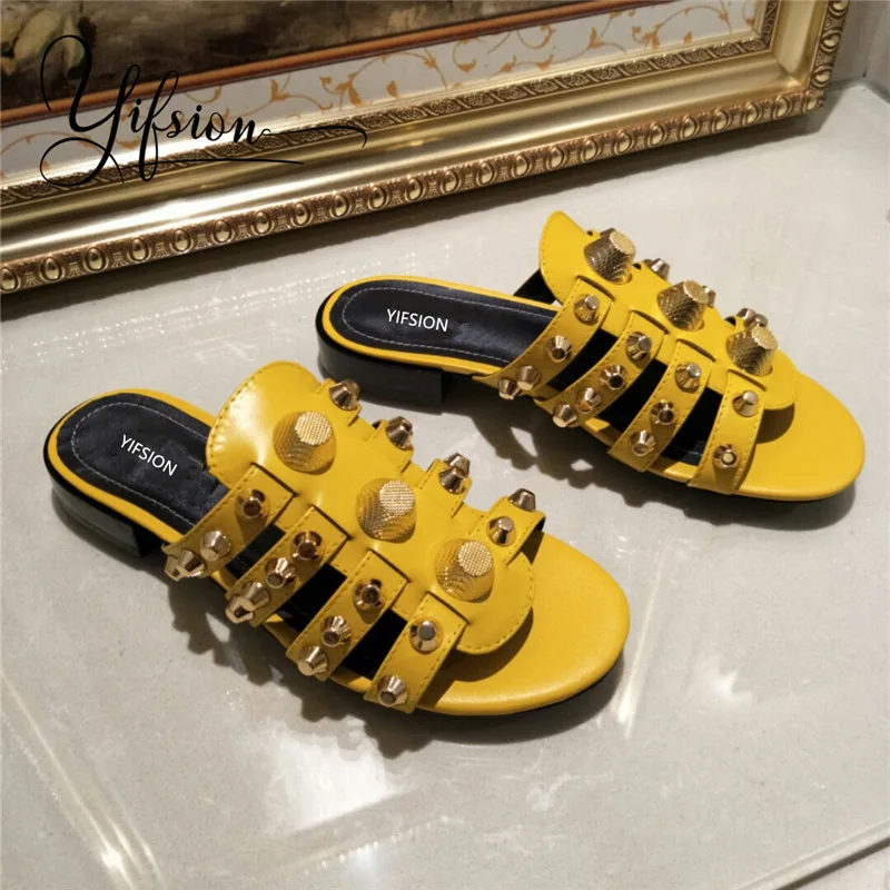 

OLOME New Spring Summer Genuine Leather Shoes Woman Slippers Open Toe Metal Studded Women Shoes Slippers Casual Shoes Woman