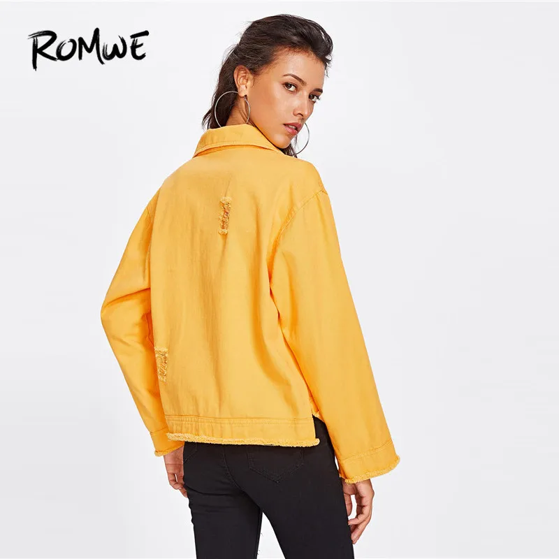 ROMWE Slit Side Frayed Denim Jacket Casual Breasted Women Ripped Yellow Basic Coat Spring Fall Collar Long Sleeve Jacket ROMWE Slit Side Frayed Denim Jacket Casual Breasted Women Ripped Yellow Basic Coat Spring Fall Collar Long Sleeve Jacket