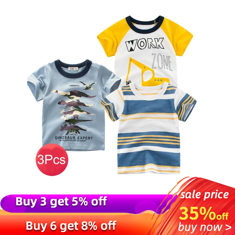 

27kids 3pcs/lots Boys T Shirts for Children Clothes Dinosaur Excavator Shark Animal Print Children Kids School Summer Clothes