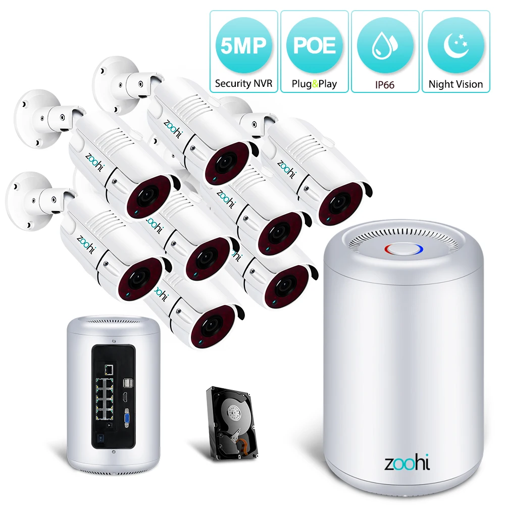 Zoohi безопасности Камера Системы POE 4CH H.265 NVR 5MP Ночное видение HD открытый 8CH