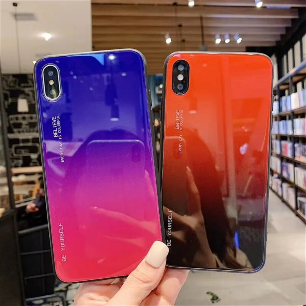 HUANQING Fashion Gradient Glass Tempered Glass Phone Case For iphone XR XS MAX X 8 7 6 6S Plus  Colorful Mobile Phone Cover Luxury Shell03