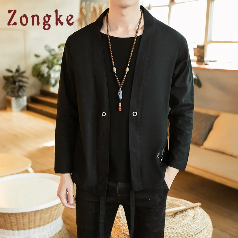 Zongke Орел Вышивка кимоно кардиган пальто японское кимоно мужская куртка уличная одежда Мужская s кимоно куртка мужская Весна - Цвет: Black