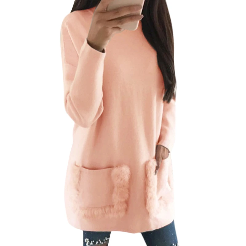 

Sweet Pink Dress Warm Winter Dress Round Neck Long Sleeves Casual Party Office Lady Dresses Vestidos With Pocket WS3822Y