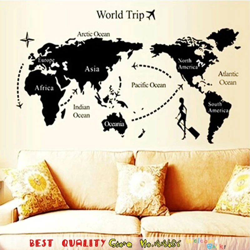 2 Size Cool World Map Wall Stickers Office Living Room Decorations Vinyl Home Decor Waterproof Removable Wall Decals Mual Art