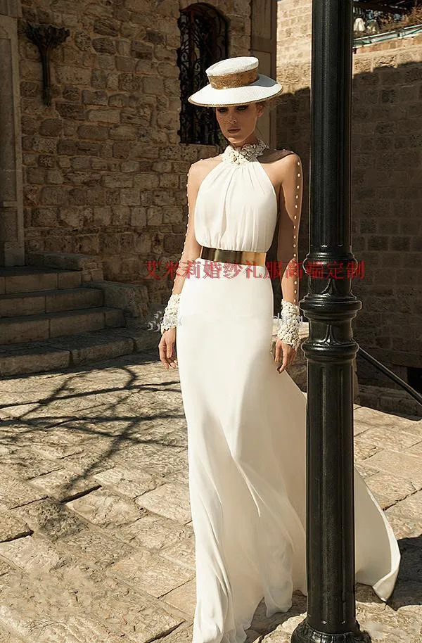 

prom dresses fashion Formal gowns pearls vestido de festa new hot sexy high neck long sleeves crystal sashes Evening Dress 2015