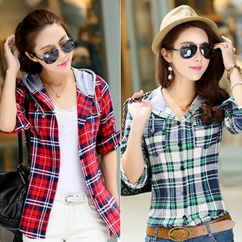 

Women's Fashion Cotton Hooded Shirt Casual Plaid Long-sleeved Sweatshirt Top